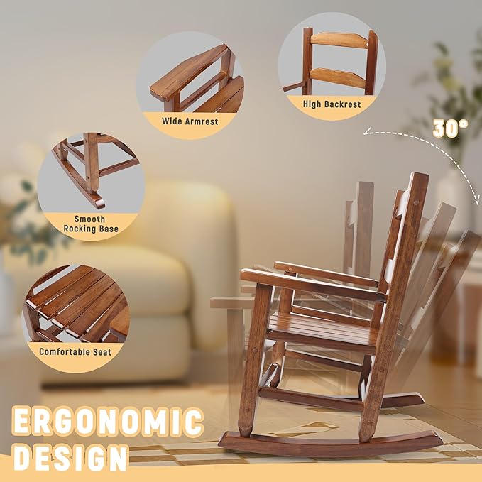 Toddler Rocking Chair Kids Wooden Indoor for Comfy Recliner Rocker for Baby Ages 3-6 Outdoor Lounge Children Playroom Anti-Tip Design Safe & Sturdy Brown