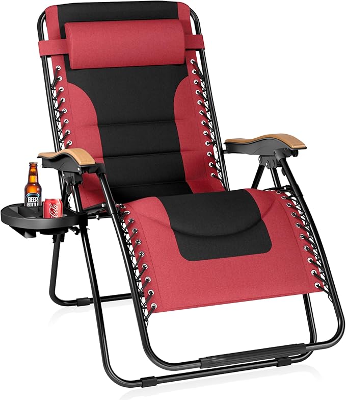 PHI VILLA XXL Oversized Padded Zero Gravity Chair, Foldable Patio Recliner, 30" Wide Seat Anti Gravity Lounger with Cup Holder, Support 400 LBS (Red)