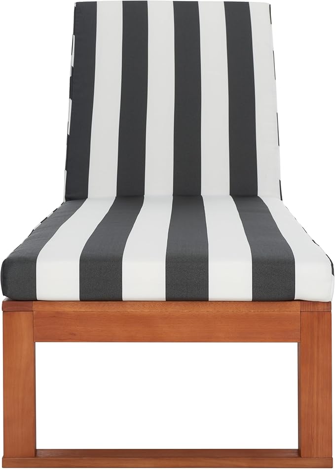 SAFAVIEH Outdoor Collection Solano Natural Brown Solid Wood/Navy Blue & White Stripe Cushion Patio Adjustable Chaise Lounge Chair (PAT7024H)