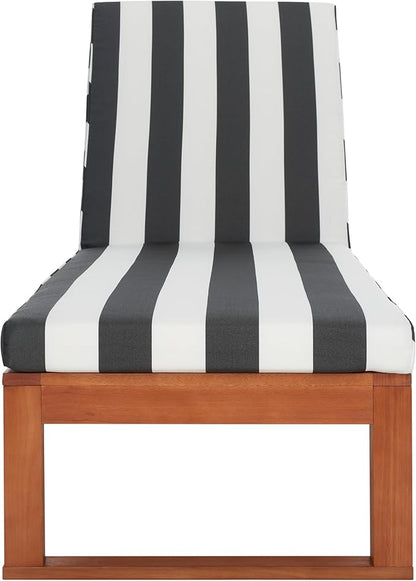 SAFAVIEH Outdoor Collection Solano Natural Brown Solid Wood/Navy Blue & White Stripe Cushion Patio Adjustable Chaise Lounge Chair (PAT7024H)