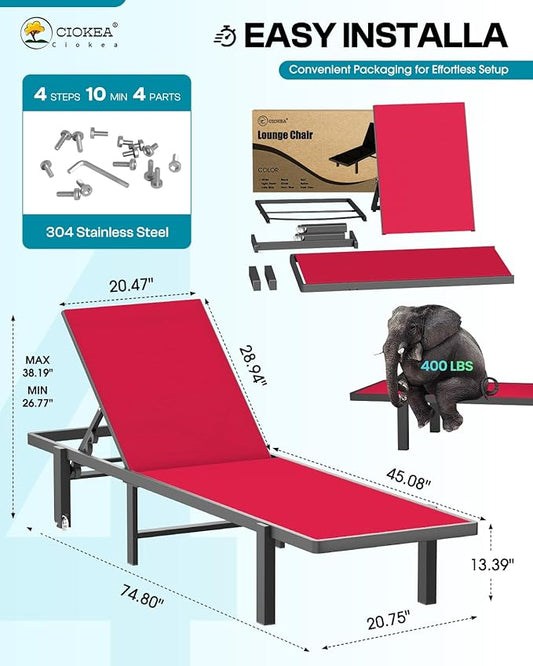 Ciokea Aluminum Chaise Lounge Chair Outdoor with Wheels, Patio Lounge Chair with Adjustable 5-Position Recliner and Full Flat Tanning Chair for Patio, Beach, Pool, Red