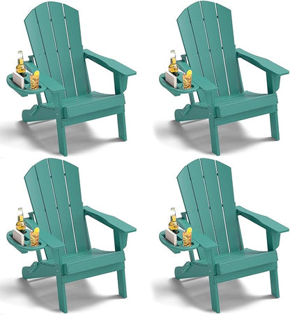 Adirondack Chair Set of 4, HDPE Folding Adirondack Chair with Multifunctional Cup Holder, Weather Resistant Fire Pit Chair for porches, patios, poolsides, Decks.