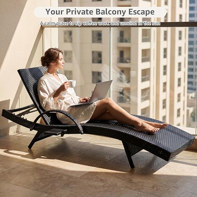 Set of 6 Black Outdoor Chaise Lounge Chairs, Wicker Patio Lounge Chairs with Adjustable Backrest and Armrests, Durable PE Rattan Pool Chair for Patio, Poolside and Garden