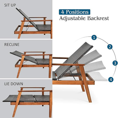 Tangkula 3 Pieces Outdoor Chaise Set, Wicker Rattan Lounge Chair w/Acacia Wood Frame, 4 Adjustable Positions Patio Wicker Lounge Set & Foldable Side Table, Suitable for Lawn, Backyard (Mix Brown)