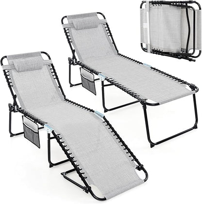 Tangkula Beach Lounge Chair for Outside, Folding Chaise Lounge Outdoor with 4-Position Backrest, Removable Headrest and Side Pocket, Portable Sunbathing Tanning Chair for Patio, Poolside (2, Grey)