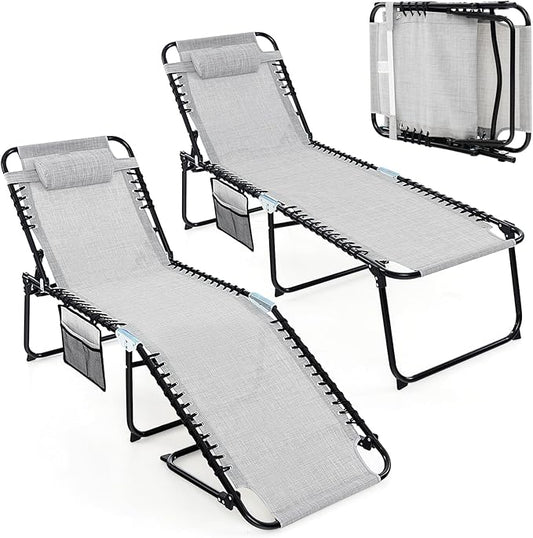 Tangkula Beach Lounge Chair for Outside, Folding Chaise Lounge Outdoor with 4-Position Backrest, Removable Headrest and Side Pocket, Portable Sunbathing Tanning Chair for Patio, Poolside (2, Grey)