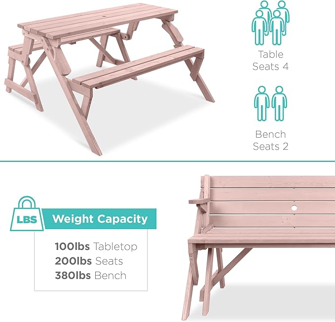 Best Choice Products 2-in-1 Transforming Interchangeable Outdoor Wooden Picnic Table Garden Bench for Backyard, Porch - Photo 6