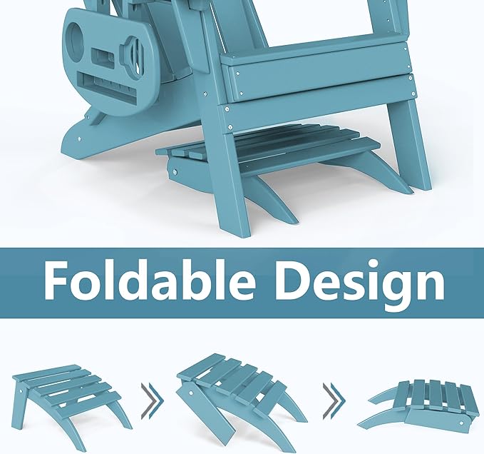 Adirondack Ottoman Set of 4, Folding Adirondack Ottoman for Adirondack Chair, HDPE All Weather Outdoor Footstool for Patio, Backyard, Porch, Garden, Light Blue