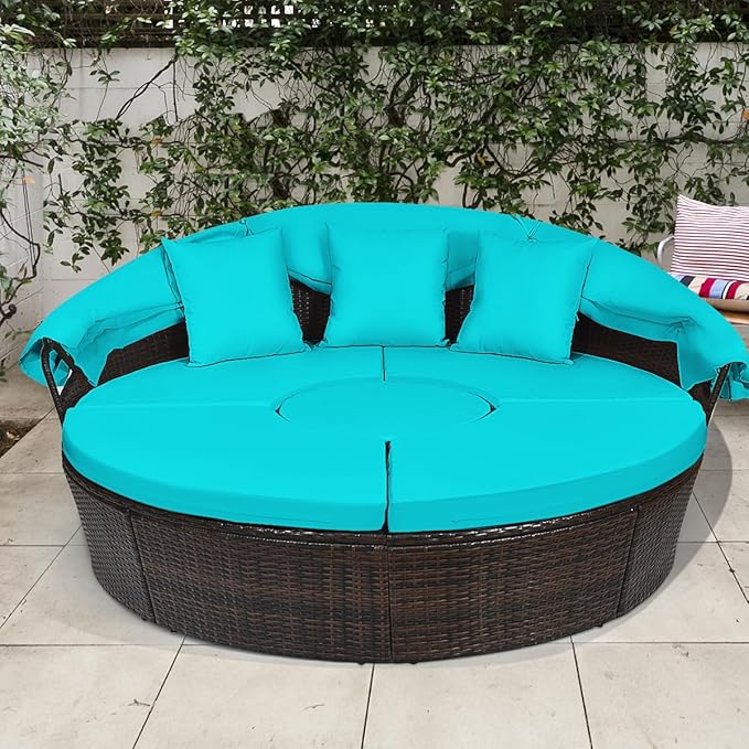 HAPPYGRILL Patio Round Daybed with Canopy, Outdoor Wicker Rattan Sectional Sofa with Coffee Table, Cushions - Photo 3