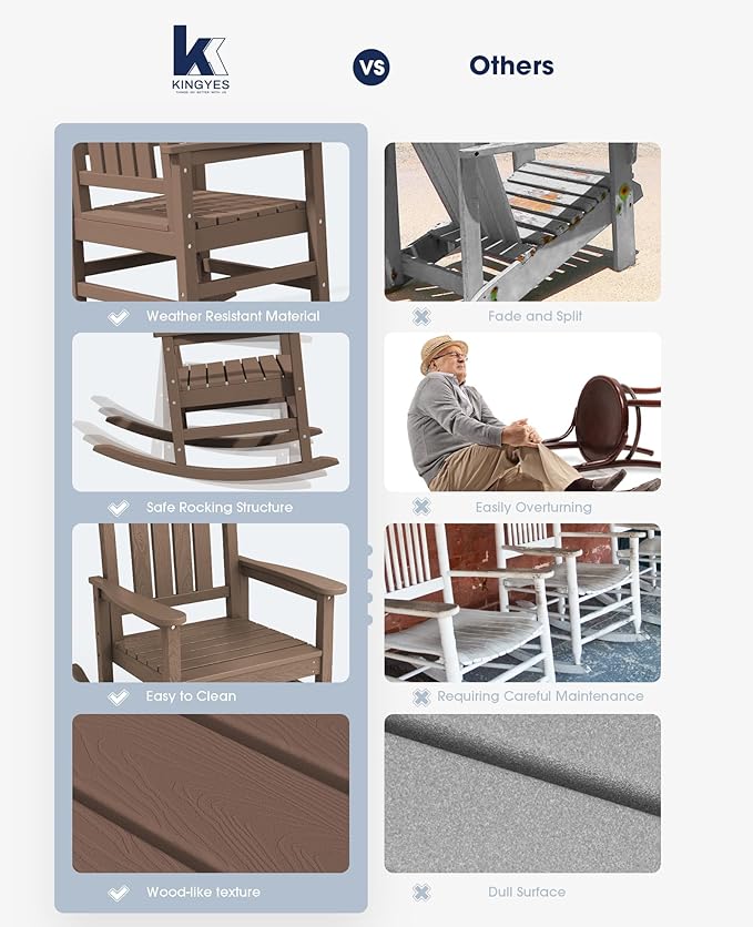 KINGYES Outdoor Rocking Chair Set of 2, HDPE Patio Rocking Chairs with 330lbs Support for Adults, Brown