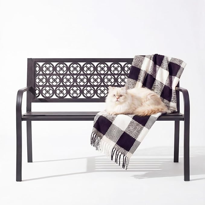 44" Outdoor Garden Bench, Iron Metal Frame Patio Bench with Backrest Armrests, Weatherproof Anti-Rust Outdoor Bench for Front Porch, Park, Yard, Patio (411-Black)