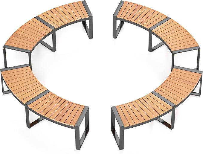 Tangkula Patio Curved Bench Set of 4, Acacia Wood Fire Pit Bench w/Slatted Seat & Metal Legs, Outdoor Backless 2-Person Seating for Yard, Garden, Porch, 800 LBS Max Load, Oil Painted