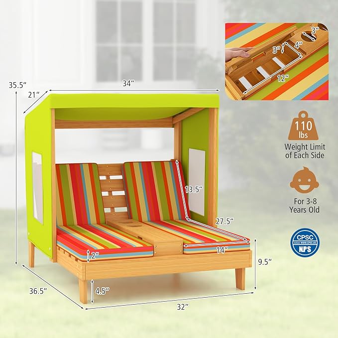 HONEY JOY Kids Chaise Lounge Chair Outdoor, Toddler Wood Double Pool Lounger Chairs w/Canopy, Cup Holders - Photo 3
