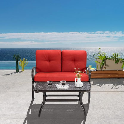 DORTALA 2-Piece Patio Furniture Set, Outdoor Indoor Loveseat and Coffee Table Set, Outdoor Sofa Metal Garden Bench with Soft Cushions, for Balcony, Lawn,Porch, Poolside, Red