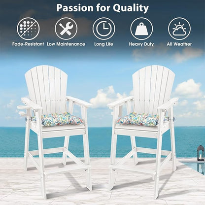 Sundale Outdoor Adirondack Bar Stool, Patio HDPE Bar Chair with Backrest, 30 Inch Seat Height Tall Bistro Dining Counter Stool with Cushion, All-Weather Pub Height Chair, White