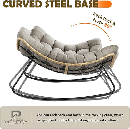 Outdoor Rocking Chair, 2 PCS Indoor Papasan Chairs, Oversized Egg Rocking Chair with Thick Cushion, Rattan Wicker Rocker Lounge Chair for Bedroom, Living Room, Patio, Garden, Porch (Light Grey)