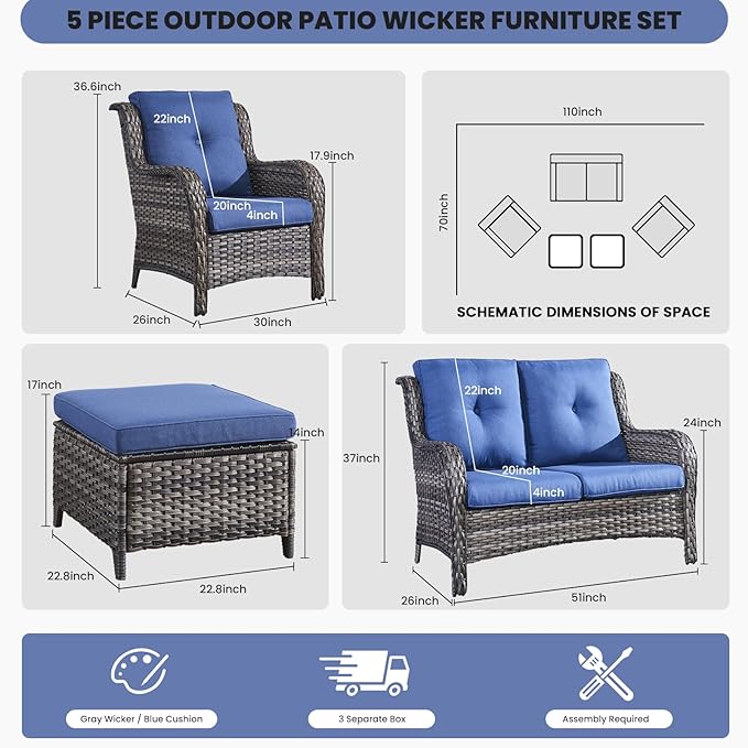 Belord Outdoor Wicker Furniture 5 Pieces Patio Furniture Set Patio Wicker Chairs with Ottomans Conversation Set for - Photo 2
