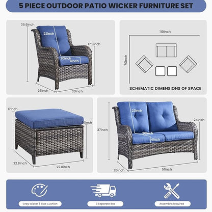 Belord Outdoor Wicker Furniture 5 Pieces Patio Furniture Set Patio Wicker Chairs with Ottomans Conversation Set for Porch Garden Deck Balcony Poolside