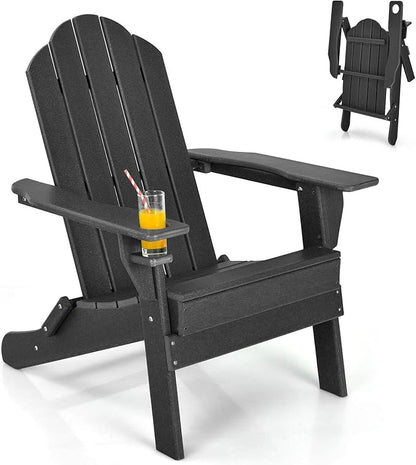 Giantex Adirondack Chair Outdoor Folding Chairs, HDPE Weather Resistant Patio Chair with Built-in Cup Holder Lawn Chair for Patio, Backyard, Balcony, Deck Outside Plastic Fire Pit Chair(1, Black)