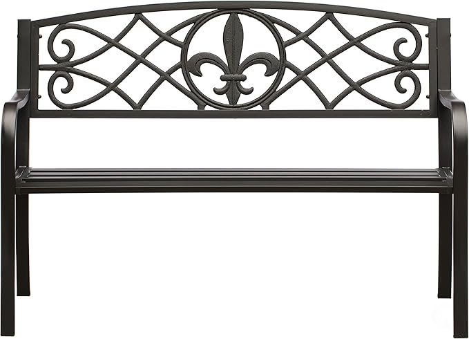 Outdoor Garden Patio Steel Park Bench Lawn Decor with Cast Iron Unique Design Back, Black Seating Bench for Yard, Patio, Garden, Balcony, and Deck