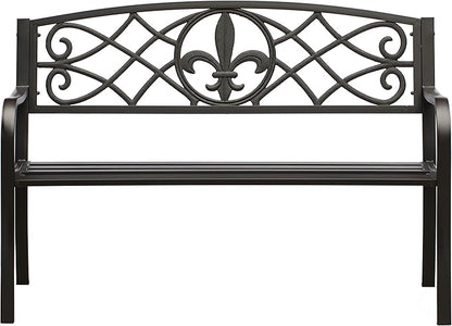 Outdoor Garden Patio Steel Park Bench Lawn Decor with Cast Iron Unique Design Back, Black Seating Bench for Yard, Patio, Garden, Balcony, and Deck