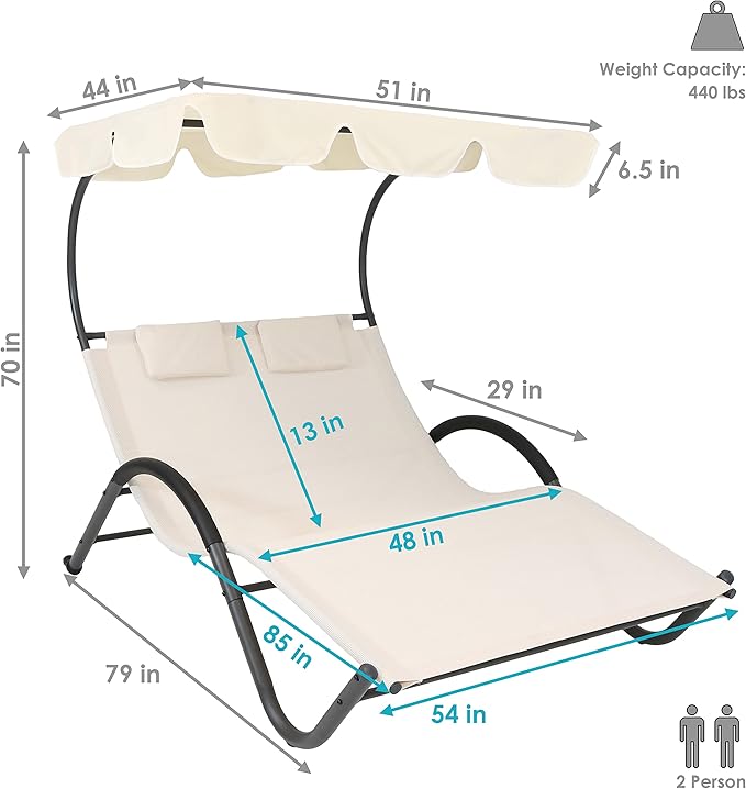 Sunnydaze Outdoor Double Chaise Lounge with Canopy Shade and Headrest Pillows - Beige Fabric with Black Powder-Coated Frame