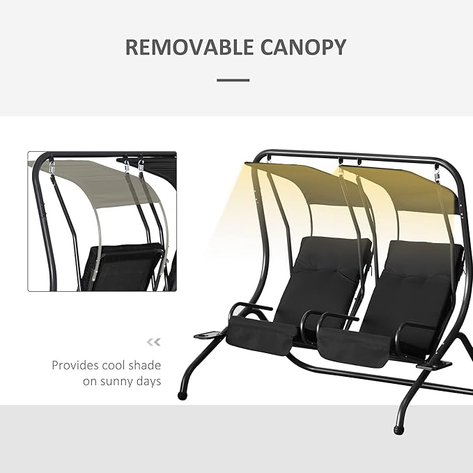 Outsunny Patio Swing Chair with 2 Separate Seats, Outdoor Swing Glider with Removable Canopy and Cup Holders, for Porch - Photo 6