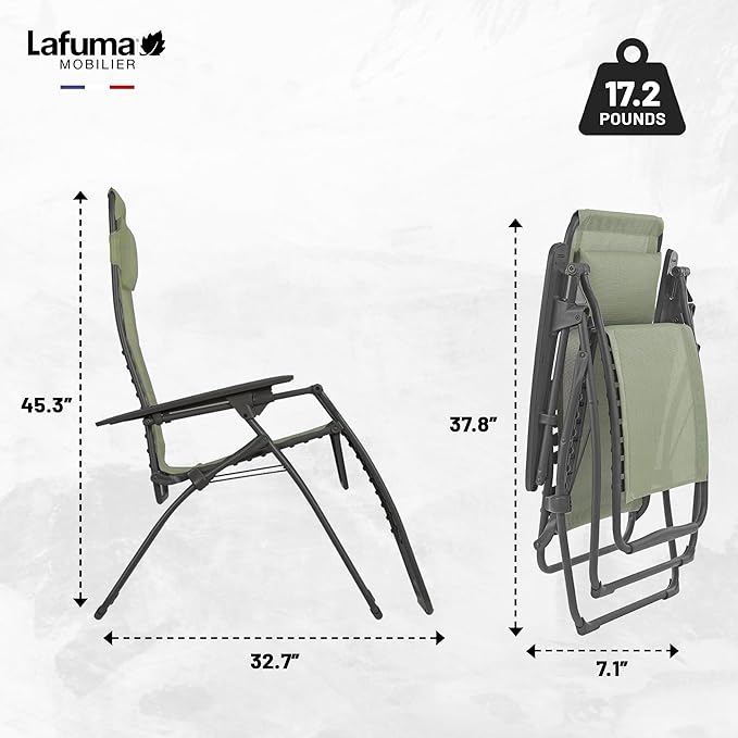 Lafuma Futura Series Patio and Poolside Zero Gravity Outdoor Lounge Recliner Chair with Adjustable and Removable Headrest, Moss Green