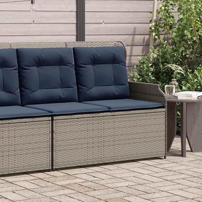 2-Seat Gray Reclining Garden Bench with Outdoor Cushion, 43.3 x 26.4 in UV-Resistant Poly Rattan, Adjustable Backrest Loveseat for Patio, Porch, and Modern Small Balcony Furniture Set