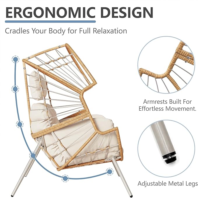 SWITTE Wicker Egg Chair Outdoor Indoor, Oversized Patio Egg Chair with Cushion, Comfy Egg-Shaped Lounge Chair for Balcony, Porch, Living Room, Beige