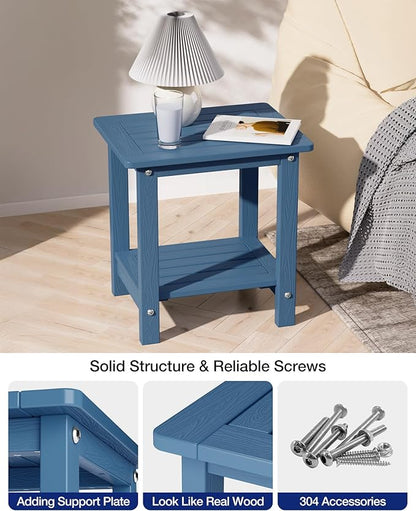 YEFU Outdoor Side Table for Patio: 16" HIPS Weather - Resistant Adirondack Tables Set of 2 - Small Square End Tables for Backyard Pool Porch Balcony - Indoor Outdoor Double Layer Table Navy Blue Blue