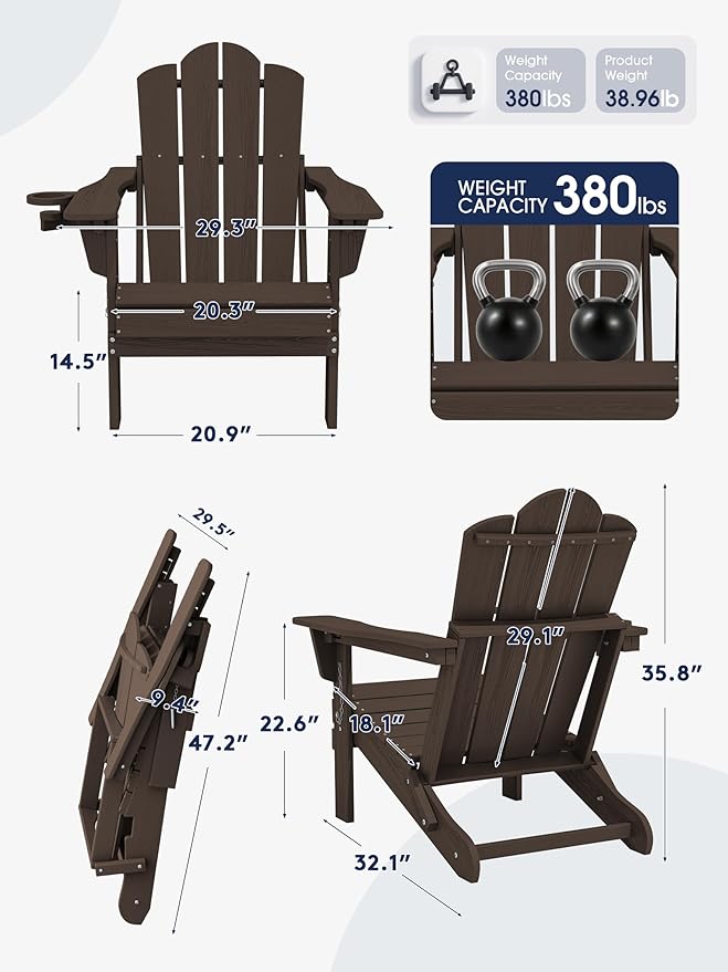 KINGYES Adjustable Folding Adirondack Chair Set of 2, 3-Position Reclining Adirondack Chairs with Cup Holder - Photo 2