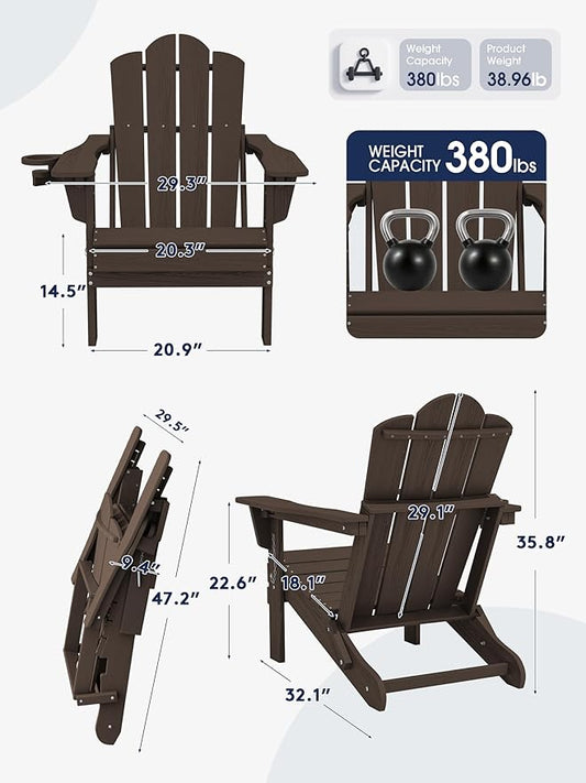 KINGYES Adjustable Folding Adirondack Chair Set of 2, 3-Position Reclining Adirondack Chairs with Cup Holder, HDPE All-Weather Oversized Adirondack for Outdoor, Patio, Backyard Deck, Fire Pit, Coffee