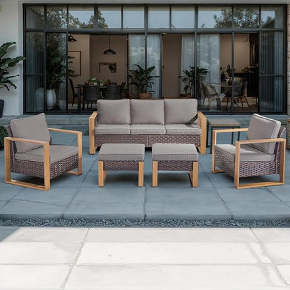 Rilyson Outdoor Wicker Patio Furniture Set - 6 Piece Patio Conversation Set with 2 Wicker Armrest Chairs,2 Rattan Ottoman,1 Side Table and 1 Couch,Sturdy Frame,Thick Cushions,Deep Seating(Brown/Grey)
