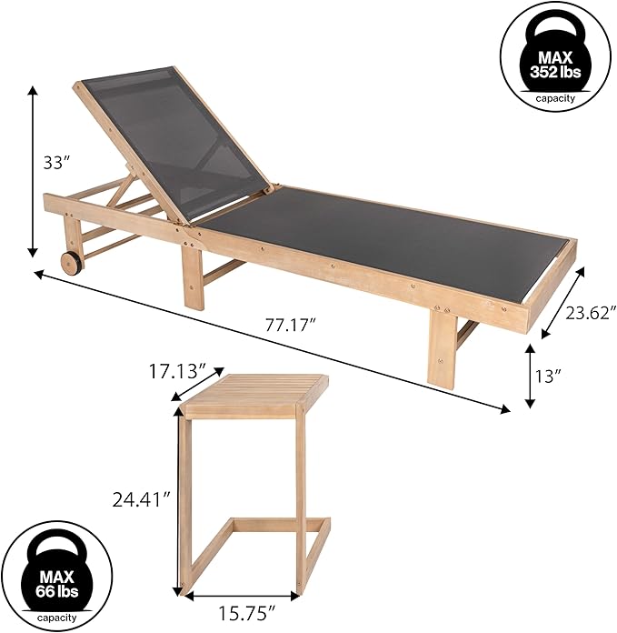 JONATHAN Y LNG1101B-2SET Trabuco Coastal Modern Acacia Wood Mesh 3-Position Outdoor Foldable Chaise Lounge Set with Side Table for Pool, Deck, Poolside, Dark Gray/Light Teak