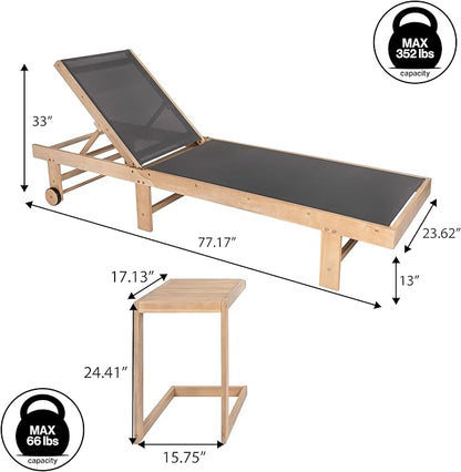 JONATHAN Y LNG1101B-2SET Trabuco Coastal Modern Acacia Wood Mesh 3-Position Outdoor Foldable Chaise Lounge Set with Side Table for Pool, Deck, Poolside, Dark Gray/Light Teak