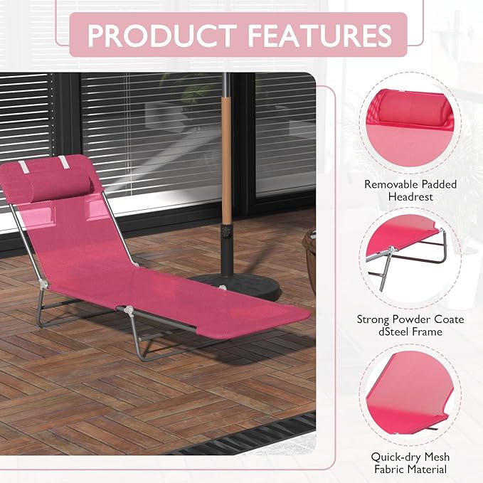 3-in-1 Heavy Duty Tanning Chair with Face Hole Adjustable 5-Position Folding Chaise Lounge Chairs Portable Lay Flat Beach Lounge Chair for Outdoor Sunbathing Patio Pool Lawn Camping Deck (Pink 2)