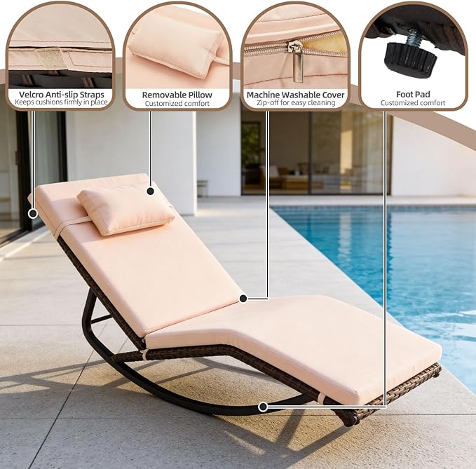 Outdoor Lounge Chair Set of 3, Patio Chaise Lounger with Folding Table and Adjustable Headrest, Easy 4-Step Assembly, All-Weather PE Rattan & Steel Frame for Pool, Patio, Porch, Backyard(Khaki)