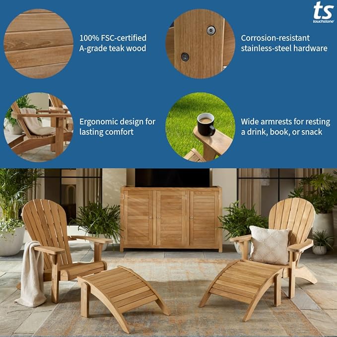 Touchstone Teak Adirondack Chair, Ergonomic Outdoor Patio Chair, A-Grade Teak Wood, Weather-Resistant with Stainless Steel Hardware