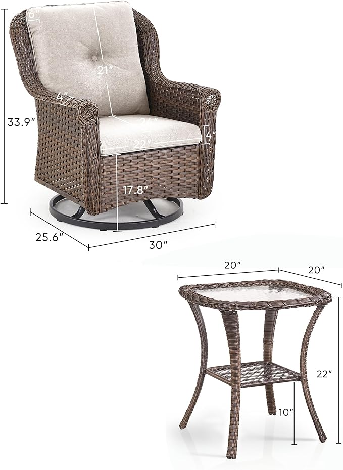 3 Piece Patio Swivel Chairs and Side Table Set - High Back Outdoor Brown Wicker Rattan Rocking Glider with Thick - Photo 3