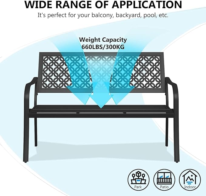 Grand patio 50" Outdoor Bench Garden Bench with Armrests Bench for Outdoors Lawn Yard Porch Black - Photo 7