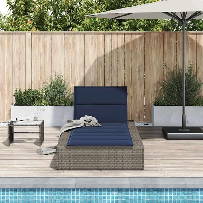 Adjustable Outdoor Chaise Lounge Chair Grey Poly Rattan 15.5x32.6x12.2in Folding Poolside Recliner with Removable Cushion for Patio Balcony Garden