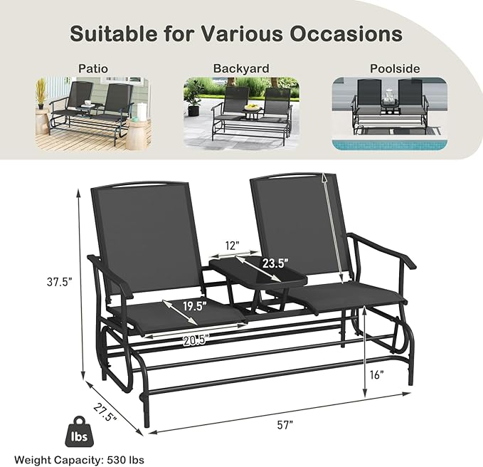 Tangkula 2 Person Swing Glider Chair, Patio Rocking Loveseat w/Center Tempered Glass Table, Outdoor Swing Bench w/Steel Frame & Breathable Mesh Fabric for Porch, Balcony, Poolside (Black)