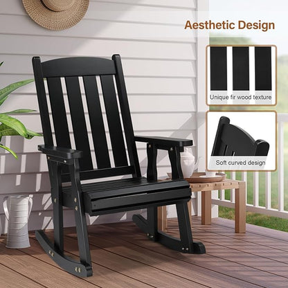 VINGLI Outdoor Rocking Chair, Heavy Duty 600 LBS Wooden Rocking Bench with Comfortable Backrest, Weatherproof Patio Rocker with Ergonomic Design, Wood Rocking Chair for Patio, Garden (Black, 1PC)