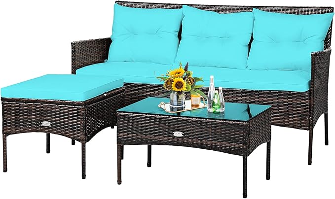 Tangkula 3 Pieces Patio Conversation Set, Outdoor PE Rattan Wicker Furniture Set W/Cozy Cushions - Photo 1