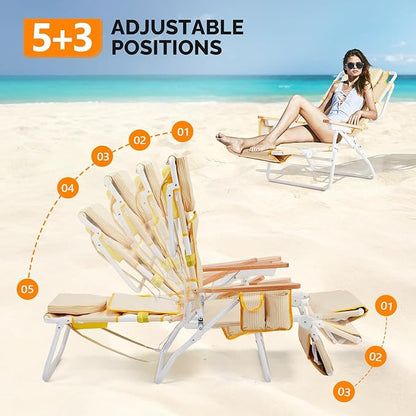 Bonnlo Deluxe 3-in-1 Beach Chair,Tanning Chair with Face Hole,Sunbathing Lounge Chair Outdoor,Adjustable Footrest,Cup Holder and Storage Pocket,Beach Lounge for Beach Pool Patio-Yellow