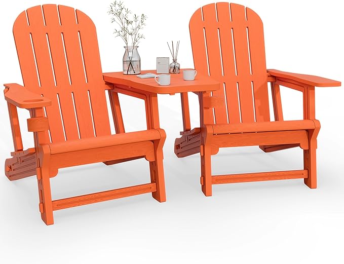 Vongrasig Adirondack Chairs Set of 2 with Removable Tabletop, All-Weather HDPE Outdoor Chair Set with Wooden Textured, Cup Holder for Patio, Poolside, Deck, Garden, Orange