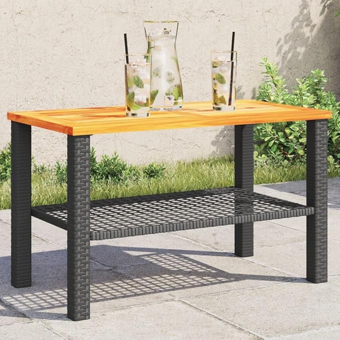 Outdoor Garden Coffee Table, Synthetic Poly Rattan Rectangular Side Table, Modern Patio Furniture for Balcony, Yard, Deck, Black and Brown, 27.6 x 15 x 16.5 Inches