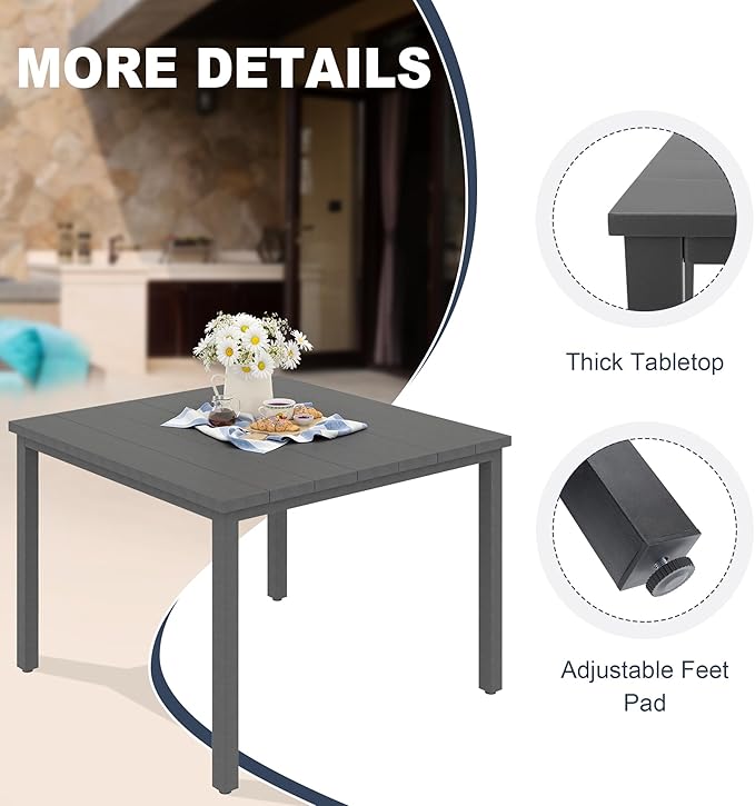 VICLLAX Outdoor Patio Dining Table for 4, Metal Square Patio Table with Umbrella Hole for Backyard Porch - Photo 6