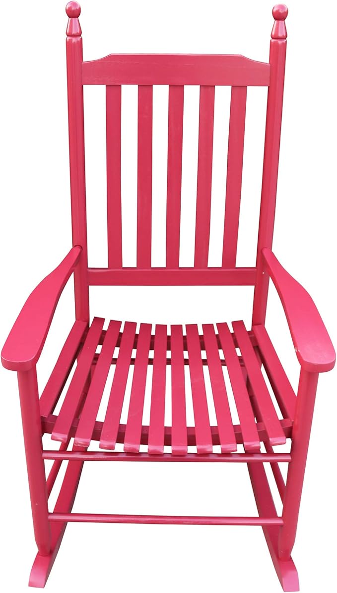 Wood Rocking Chair with High Back and Armrest for Indoor Outdoor Use, Wooden Frame Patio Porch Rocking Chair with Rocker, Front Porch Chairs for Deck Garden Lawn Balcony Backyard, Red